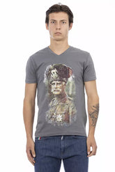 Trussardi Action Gray Cotton Men V-Neck T-Shirt