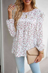 Printed Round Neck Long Sleeve Blouse