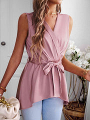 Tie Waist Surplice Neck Sleeveless Top