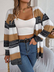 Openwork Striped Open Front Cardigan