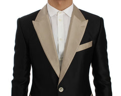 Black Beige Silk Slim Blazer Jacket