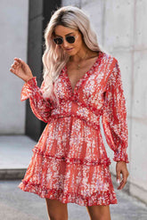 Floral Frill Trim Plunge Flounce Sleeve Dress