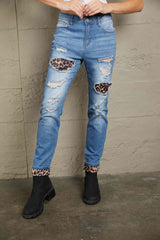 Baeful Leopard Patchwork Distressed Jeans