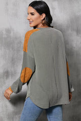 Striped Notched Long Sleeve Blouse