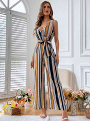 Striped Surplice Neck Sleeveless Wide Leg Jumpsuit