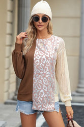 Leopard Round Neck Long Sleeve Blouse