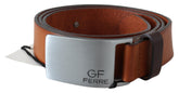 Brown Leather Logo Silver Square Metal Buckle Waist Belt