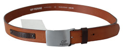 Brown Leather Logo Silver Square Metal Buckle Waist Belt