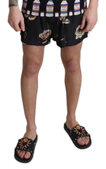 Black Rose Print Beachwear Shorts Swimwear