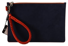 Orange Calf Leather Flat Pouch Wrist Strap Indigo Bag