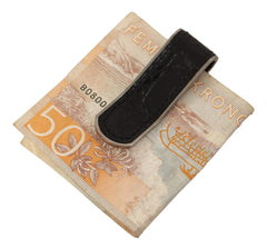 Black Leather Silver Brass Mens Cash Clasp Money Clip