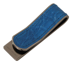 Blue Leather Silver Brass Mens Cash Clasp Money Clip