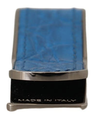Blue Leather Silver Brass Mens Cash Clasp Money Clip