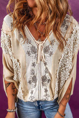 V-Neck Lace Detail Slit Blouse