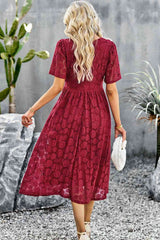 V-Neck Puff Sleeve Lace Midi Dress