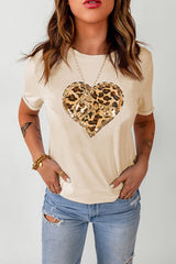Heart Leopard Sequin Short Sleeve T-Shirt