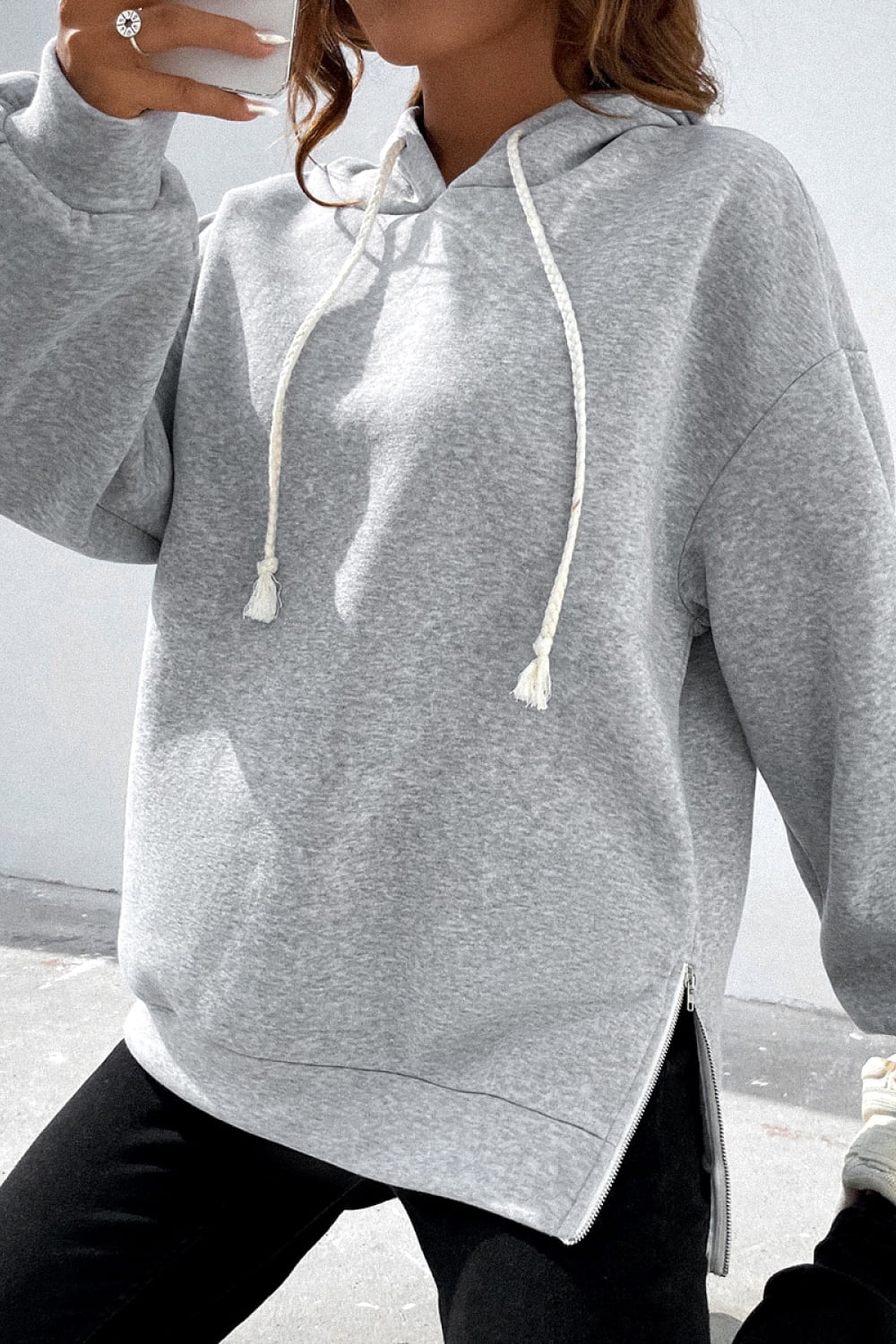 Side Zipper Dropped Shoulder Hoodie