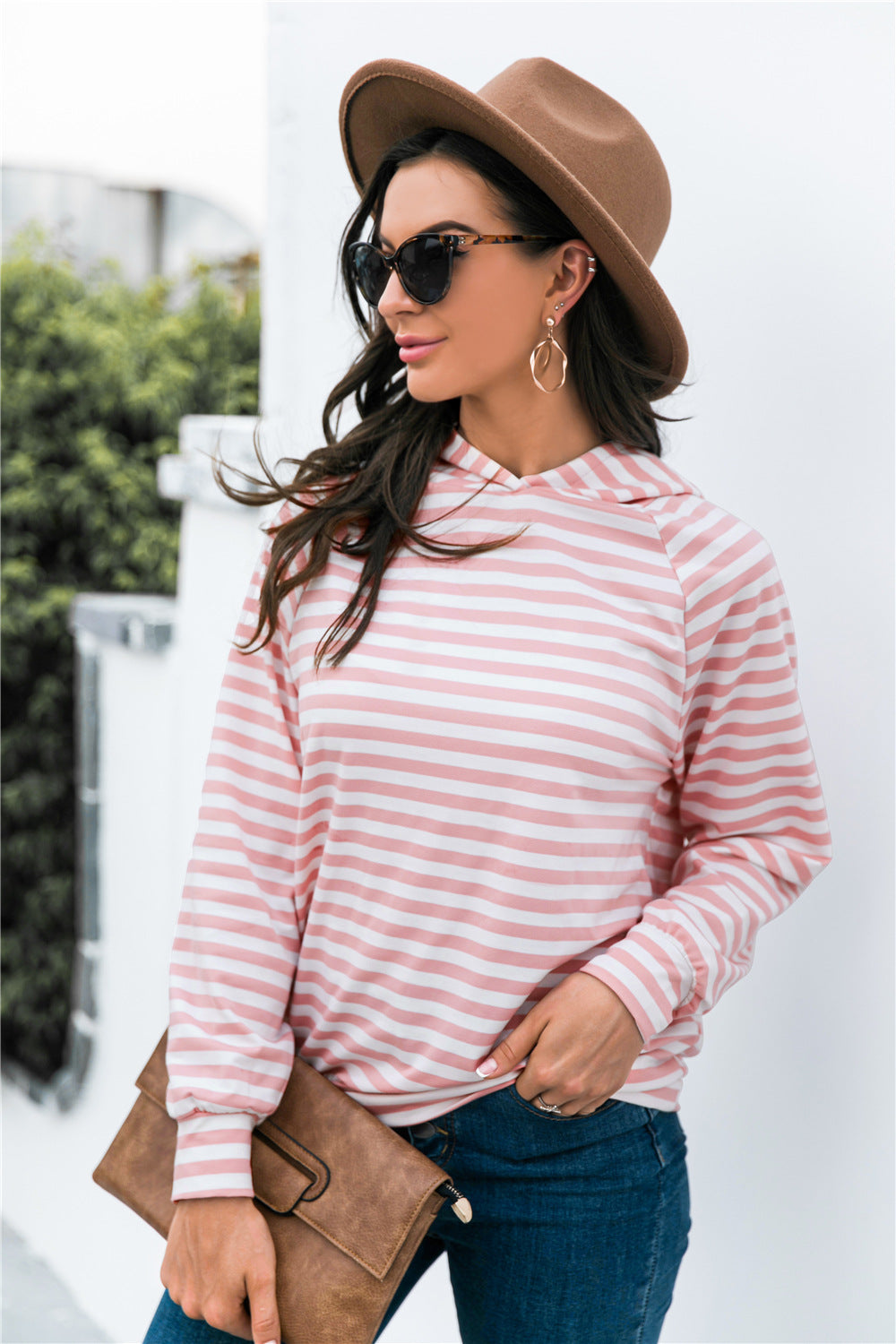 Horizontal Stripe Raglan Sleeve Hoodie