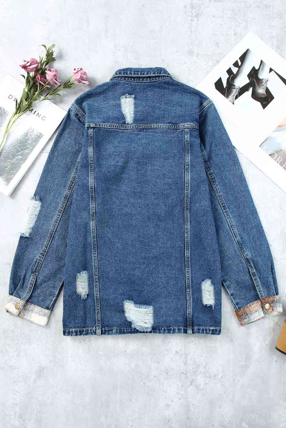 Plaid Distressed Raw Hem Snap Down Denim Jacket