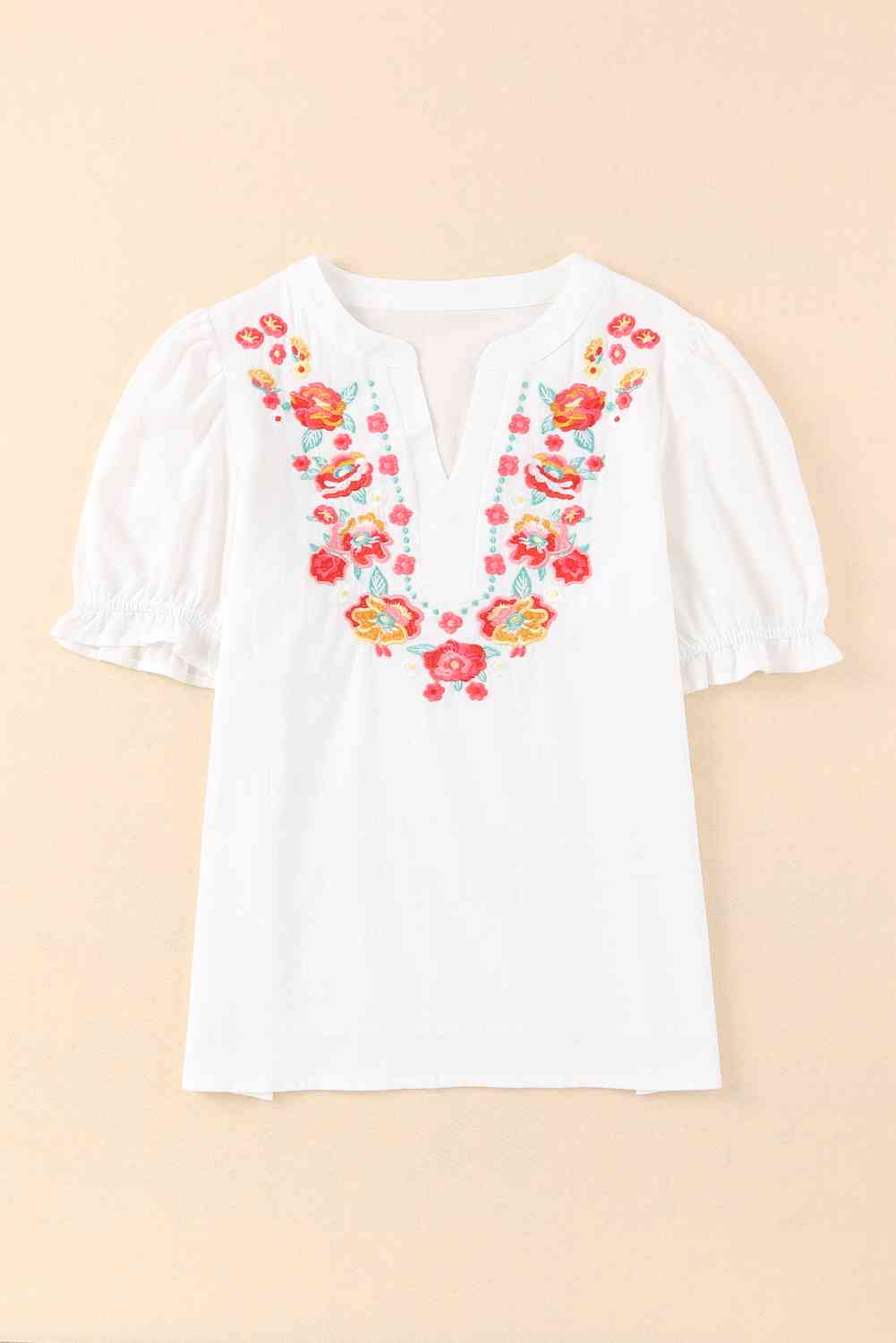 Embroidered Notched Neck Flounce Sleeve Top