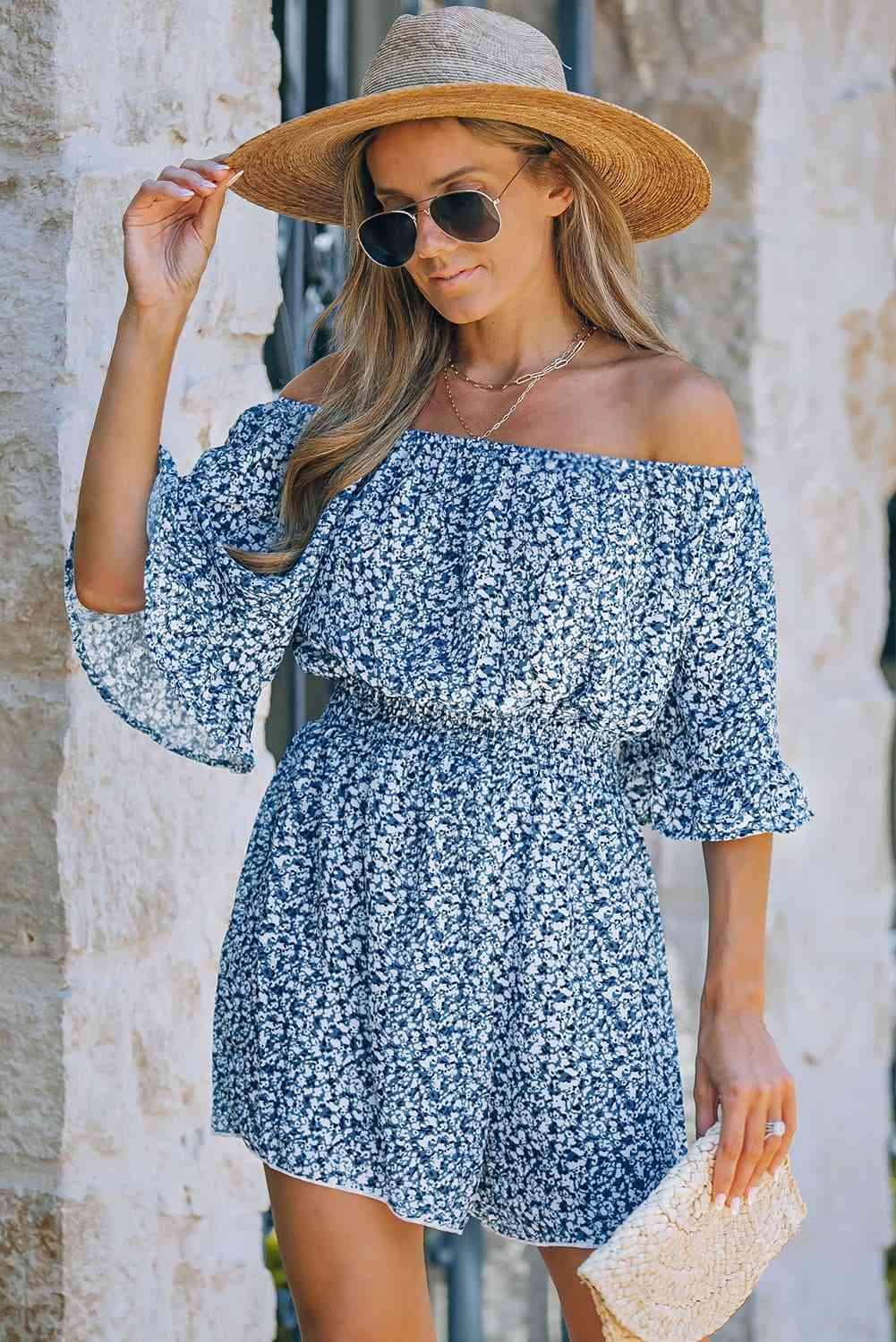 Printed Flounce Sleeve Off-Shoulder Romper