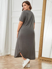Plus Size Pocketed V-Neck Short Sleeve Lounge Dress