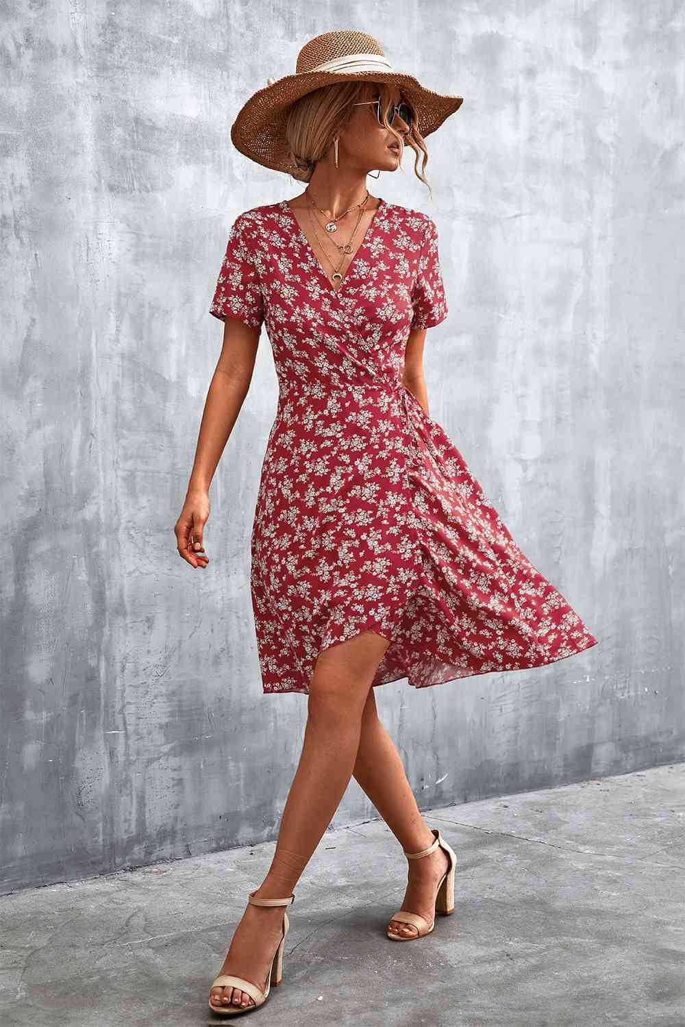 Floral Surplice Neck Flutter Sleeve Dress