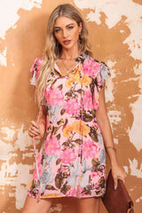 Floral Tie Neck Flutter Sleeve Dress