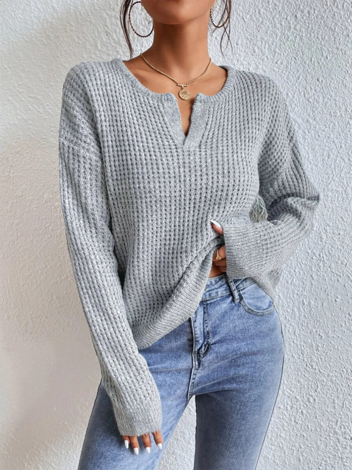 Notched Dropped Shoulder Sweater