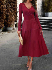 Surplice Neck Long Sleeve Smocked Waist Midi Dress