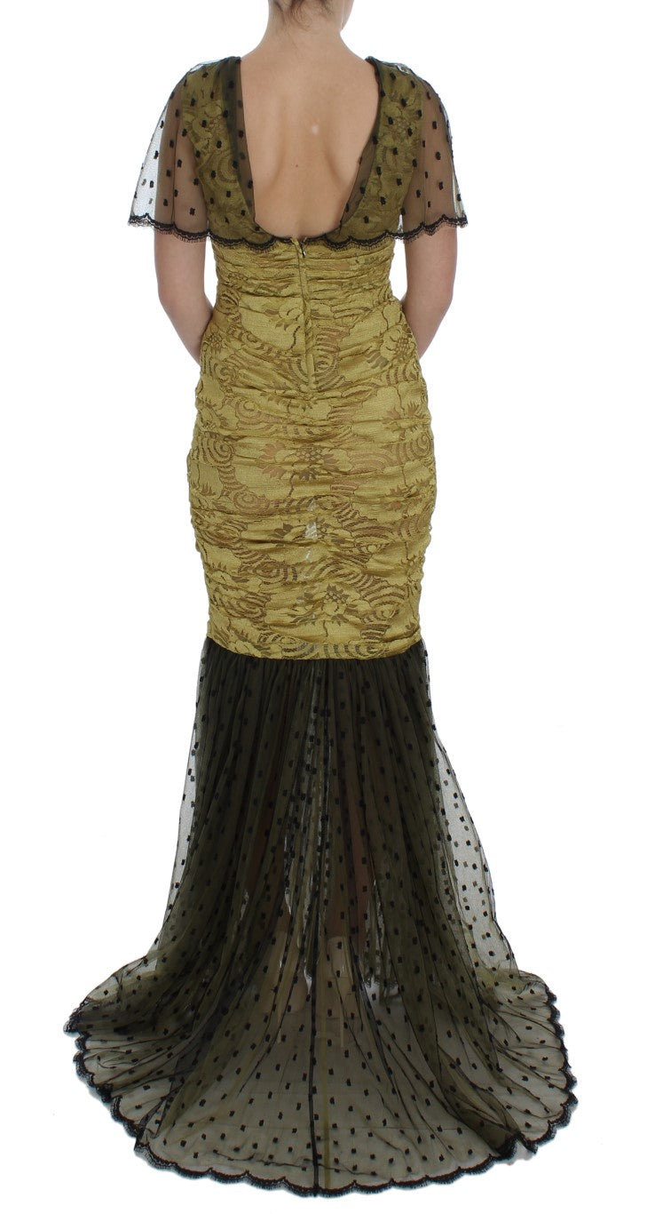 Dolce & Gabbana Yellow Black Floral Lace Ricamo Gown Dress