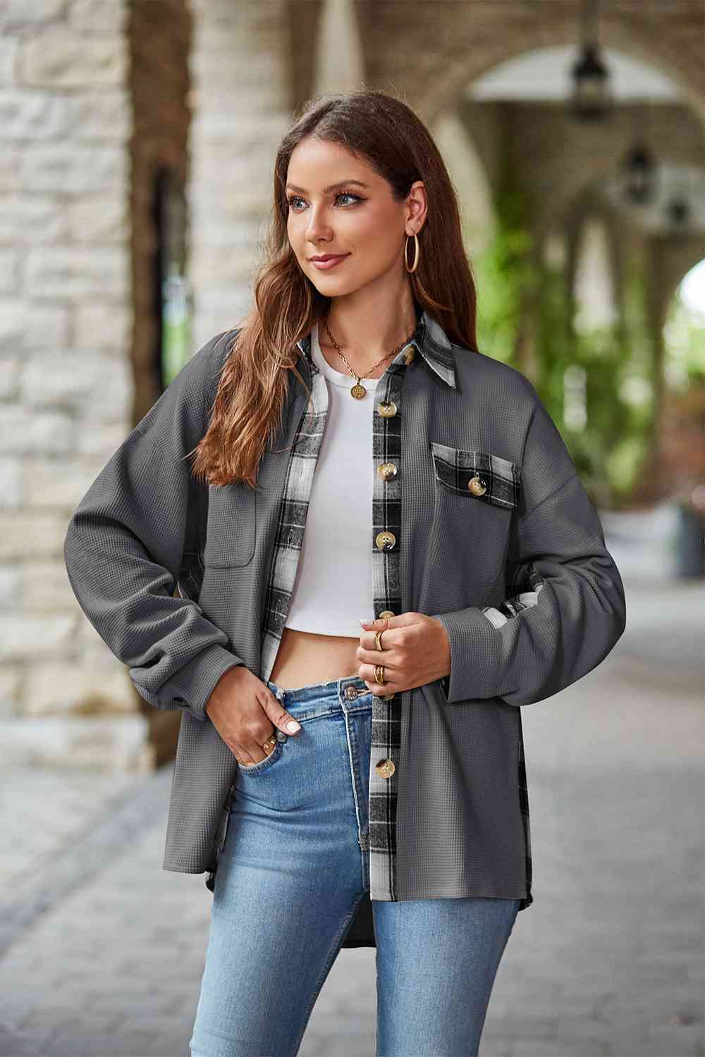 Plaid Collared Dropped Shoulder Jacket