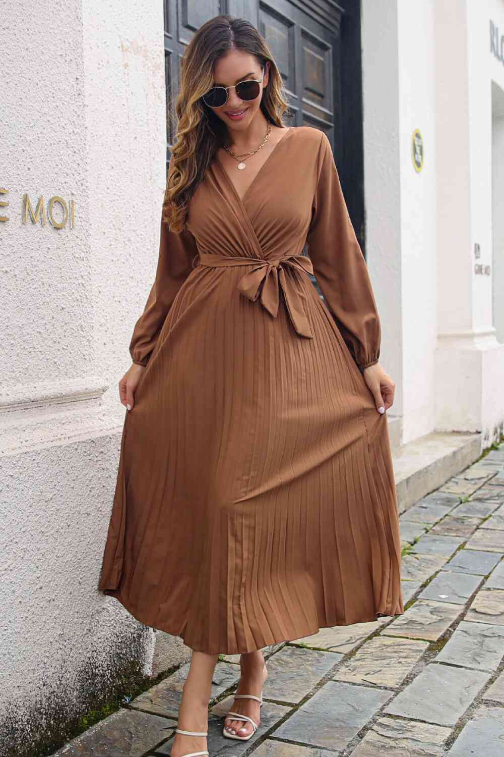 Pleated Long Sleeve Surplice Maxi Dress