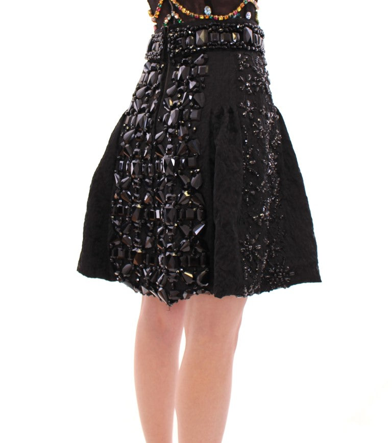 Dolce & Gabbana Black Crystal Handmade Above Knee Skirt
