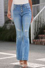 Distressed Button-Fly Flare Jeans