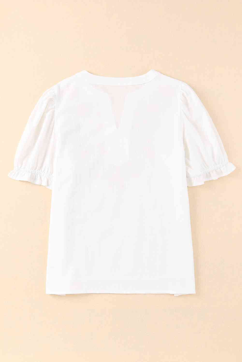 Embroidered Notched Neck Flounce Sleeve Top