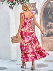 Floral Tie-Shoulder Frill Trim Smocked Dress