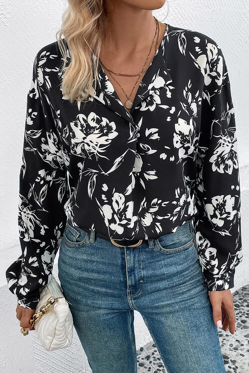Floral Collared Neck Long Sleeve Top