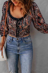 Printed Buttoned Balloon Sleeve Cropped Blouse