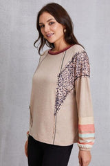Contrast Stitching Leopard Long Sleeve Blouse