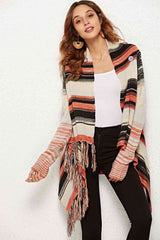 Striped Tassel Detail One-Button Cardigan