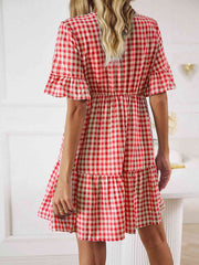 Plaid Flounce Sleeve Buttoned Mini Dress