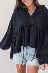 Drawstring High-Low Balloon Sleeve Hoodie