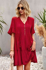 Tie Neck Buttoned Flounce Sleeve Dress