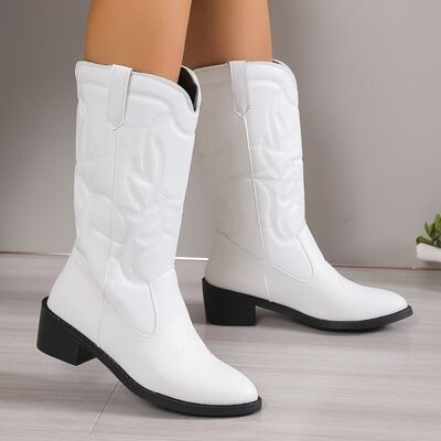 PU Leather Point Toe Block Heel Boots