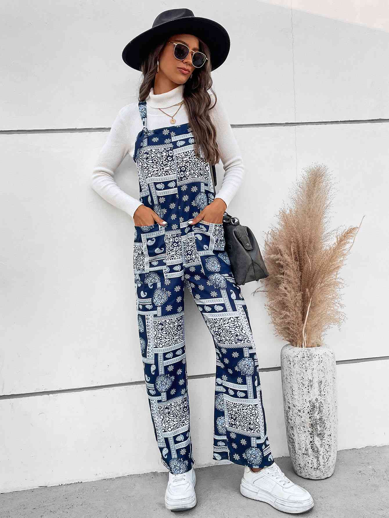 Printed Straight Leg Jumpsuit with Pockets