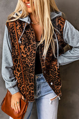 Leopard Distressed Drawstring Hooded Denim Jacket