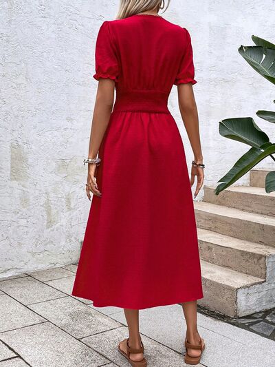 V-Neck Decorative Button Slit Midi Dress