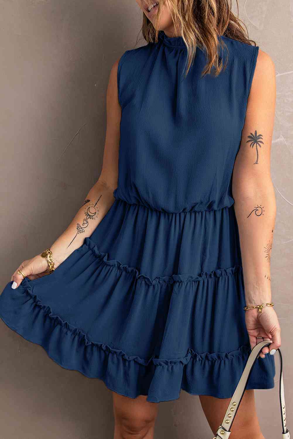 Tie Neck Frill Trim Sleeveless Mini Dress