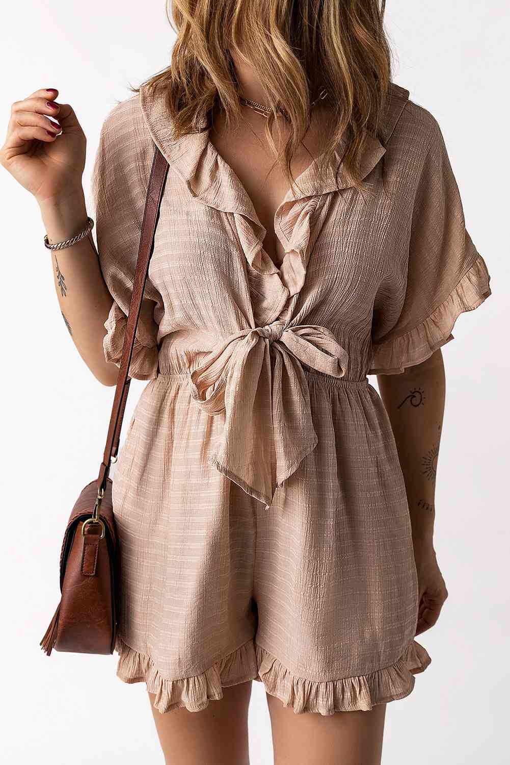 Striped Tie Detail Ruffled Romper with Pockets